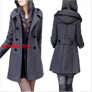 Women Winter Wool Coat Jacket Ladies Hooded Slim Fit Trench Coat Plus Size S-5XL BWc3