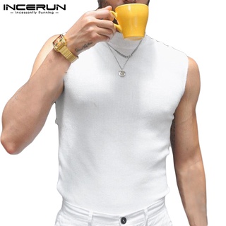 INCERUN Men Fashion Solid Color Sleeveless High Neck Slim Fit Knit Tank Tops (1)