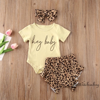 EMM-Infant Baby Girls BoysHey Baby Short Sleeve Romper Tops+Leopard Shorts+Headband 3pcs Set