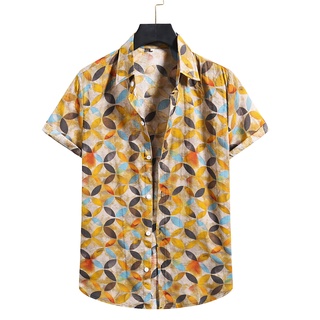 Men's Fashion Cotton Linen Print Short Sleeve Button Shirt Blouse Top l Beach Shirts For Men new