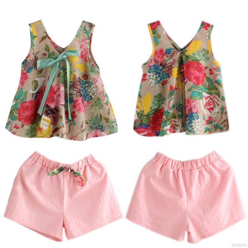 Kids Girls Sleeveless Floral Printed Vest Tops +Shorts Sets