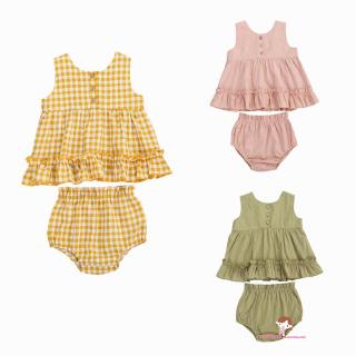 ❤XZQ-0-24 Months Baby Girl’s Set High-Waist O-Neck Ruffle Hem Sleeveless Buttons Summer Clothes