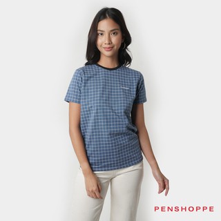 Penshoppe Relaxed Fit T-Shirt With Plaid All Over Print For Women (Navy Blue)
