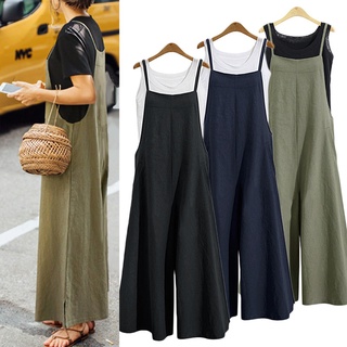 Women Strap Loose Jumpsuit Summer Casual Wide Leg Pants Solid Dungaree Bib Overalls Sleeveless