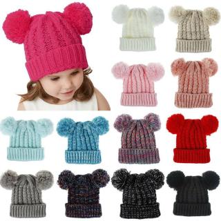 Unisex Kid Boy Girl Knit Beanie Winter Cable Cuffed Two Pom Pom Thermal