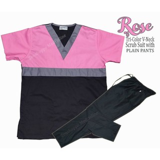 Tri-Color V-Neck Scrub Suit (Rose)