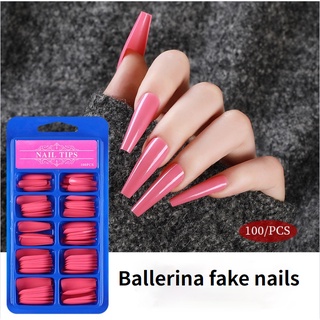 【With GLUE 】100Pcs/set Acrylic Candy Color Full Cover Ballerina Matte False Nail Fake nails