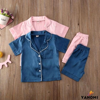 ❀Yaho❀Newborn Baby Boys Girls Silk Satin Pajamas Short Sleeve Button-Down Top Shorts Sleepwear (1)