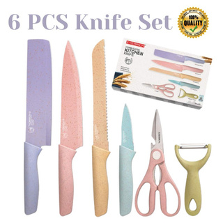 Kitchen Knife Set 6 PCS Pastel Colors Stainless Steel Chef Knife Bread Knife Cleaver Scissors (1)