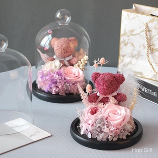Available Immortal Flower Glass Cover Decoration Rose Bear Gift Box (3)