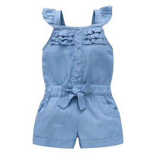 LOK Kids Baby Girls Clothing Rompers Denim Blue Cotton Washed Jeans Sleeveless Bow Jumpsuit