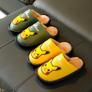 ◑Children s cotton slippers 2021 new cartoon Pikachu autumn and winter warm shoes indoor slippers bo