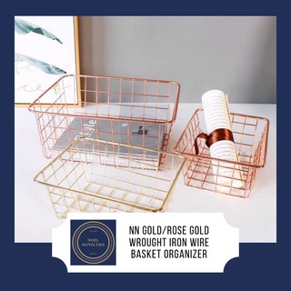 NN Nordic Gold/Rose Gold Wrought Iron Stackable Thin Wire Basket Desktop Room Storage Organizer