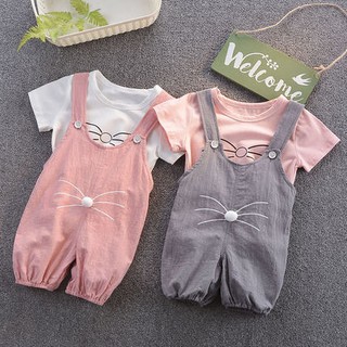 New Baby Girls Summer Set Cute Cotton Overall Pants+T-Shirt (1)