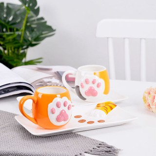 【Fine Cereal】Cute Cat Paw Mug Coffee Cup Ceramic Drinking Mug with Lid Milk Mugs Breakfast Oatmeal C (1)
