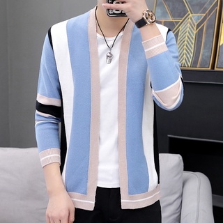 Fashion Autumn Striped Cardigan Men Korean Knitted Overcoat Slim Fit Long Sleeve Sweaters Mens Stree