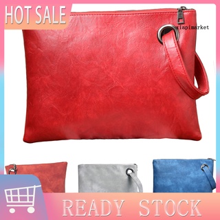 ML_ Fashion Women Solid Color Faux Leather Wristlet Zipper Large Envelope Clutch Bag
