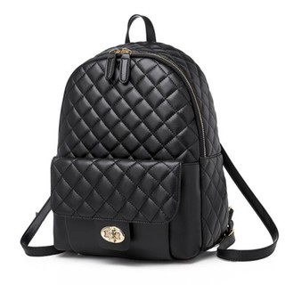 Ready Stock Fashion Black PU Leather Backpack Female Plaid Backpacks for Adolescent Girls Women Spliced Casual Small School Bag