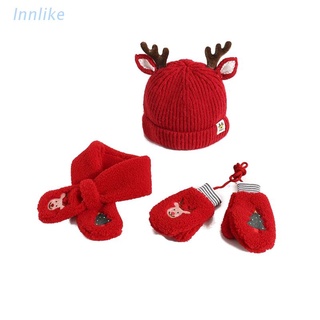 INN Toddler Kids Christmas 3 Pieces Beanie Hat Plush Long Scarf Gloves Set Cute Reindeer Antlers Knitted Cap Baby Winter Neck Warmer Mittens Xmas