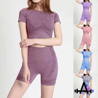 Women Short Sleeve Yoga Set 2 Piece Seamless Sport Suit Gym Clothes Fitness Crop Top Shirt High Waist Shorts Sportswear