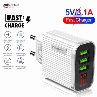 ▥QC 3.0 Fast Charger 5V 3.1A Display USB Charger 3 Ports Fast Charging Wall Phone Charger Adapter Po
