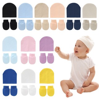 Baby Infants Anti Scratching Knitted Cotton Gloves+Hat Set Newborn Mittens Cap
