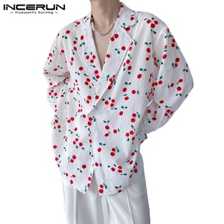 Incerun Men Fashion Loose Cherry Print Long Sleeve Double Breasted Blazer