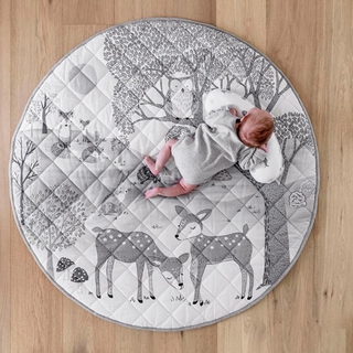 1Pcs Round 95cm Nordic Forest Animals Print Baby Toddler Cotton Grid Crawling Play Mat Non-slip Carp