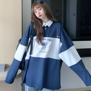 Japanese VintagepoloWomen's Long-Sleeved Shirt Spring and Autumn Loose Korean StyleinsLazy Wind ThinwaitmoreTop