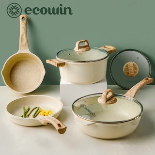 Ecowin Non Stick Pan Set Newest White Ceramic Maifan Stone Coating Antibacterial Safety Frying Pan Set Saucepan Pot