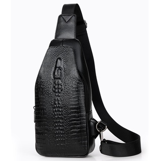 New Men Chest Bag Messenger Bag Leather USB Charging Chest Pack Alligator Casual Crossbody Bag Male