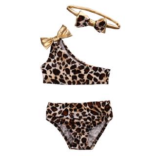 Baby girl 3pcs swimsuit leopard print one shoulder bikini suit + headband toddler summer sexy beach swimsuit swimsuit