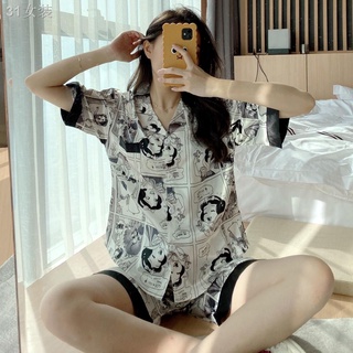 ✾✜Pajama Summer Silk Sleepwear Korean Short Sleeve Nightwear Two Piece Suit