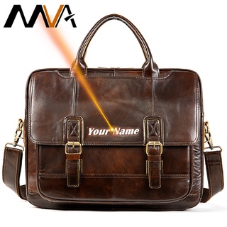 ┅﹉✾MVA Men's Genuine Leather Bag Office Mens Briefcase Vintage Men's Leather Bag Engraved Messenger