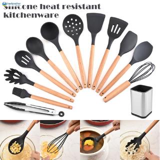 Silicone Wooden Handle Spatula brush Spatula Soup Spoon Shovel scraper Tongs Heat-resistant Non-stick Cooking Kitchenwares Durable Practical Heat Resistant Kitchen Tool Cookware Sets Food clip Eggbeater Spaghetti Claw Turner Colander