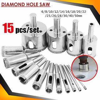 15 Pcs Diamond Bit Diamond Coated Glass Tile Marble Hole Opener Electroplated Hole Saw Drill Bits Set Holes Saw Cutter Tool 3-50mm
