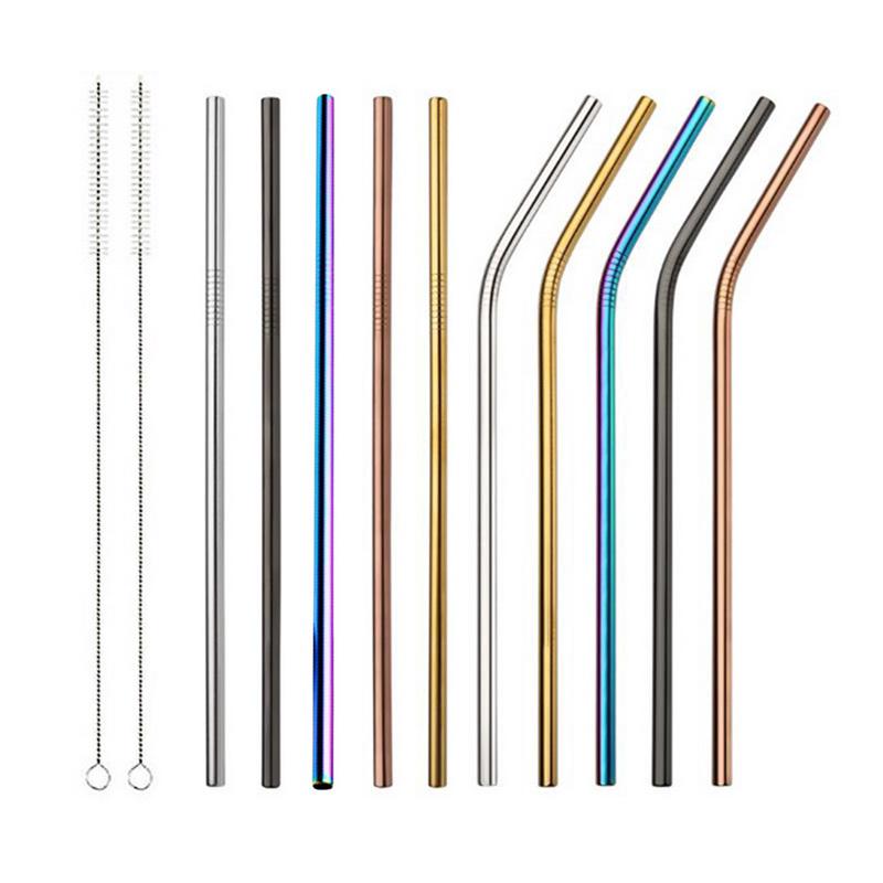 Reusable Metal Drinking Straws / Straight & Bent Straws / High Quality 304 Stainless Steel Washable Metal Straw / with Cleaner Brushes