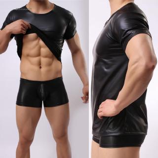 Undershirt Tops Club Wear Black M-2XL Round Neck Party Costume Shiny PU leather Wet Look T-Shirt (4)