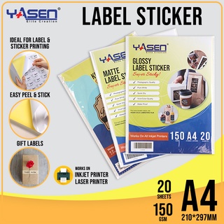 Yasen Sticker Paper A4 Label Sticker (150GSM) Matte, Glossy & Kraft A4 | Inkjet Sticker (20 Sheets)