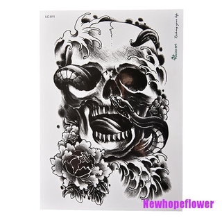 NFPH✿ Waterproof Black Scary Skull Temporary Tattoo Large Arm Body Art Tattoos Sticker,