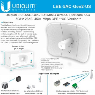 Ubiquiti Networks LBE-5AC-GEN2 Point-to-Point Wireless Bridge 5GHz Litebeam ac Gen2 23dBi Only 1Unit