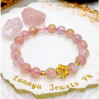 24K Big Lotus Flower & Lucky Balls in Sakura Agate Bracelet