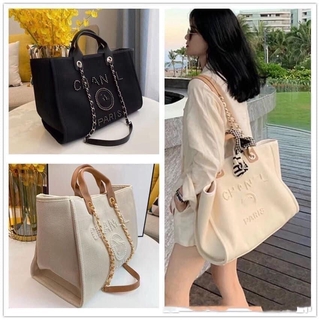 2021 spring and summer new beach pearl bag double C letter pearl decoration tote retro shoulder canvas bag
