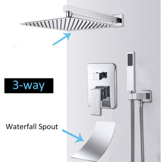 Wall Mount Rainfall Shower Faucet Set Chrome Concealed Bathroom Faucets System with Swivel Tub Spout Mixer (2)