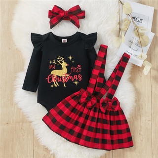 【Forever CY Baby】0-18M Baby Girls Christmas Clothes Set Letter Print Long Sleeve Romper + Plaid Susp