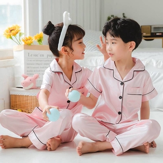 Kids Sleepwear Children Pyjamas Set Long Sleeve Silk Stain Boys Girls Pajamas Suit Baju Tidur