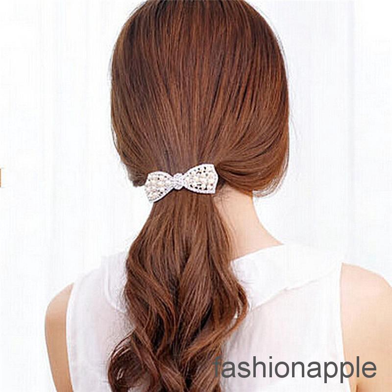 FAPH Women Girl Crystal Bow Hair Clip Hairpin Barrette Pearl Hair Accessories (4)