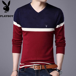 In stock❈☋▥Playboy autumn and winter new men s V-neck sweater Korean Slim knit casual T-shirt youth (4)