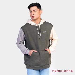 Penshoppe Color Blocked Hoodie With Branding For Men (Olive/Sand)
