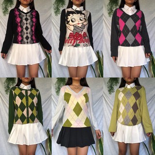 Y2K Knitted & Cotton Sweaters (Diamond/Argyle, Fairycore, Brown Jacket, My Melody T-Shirt)